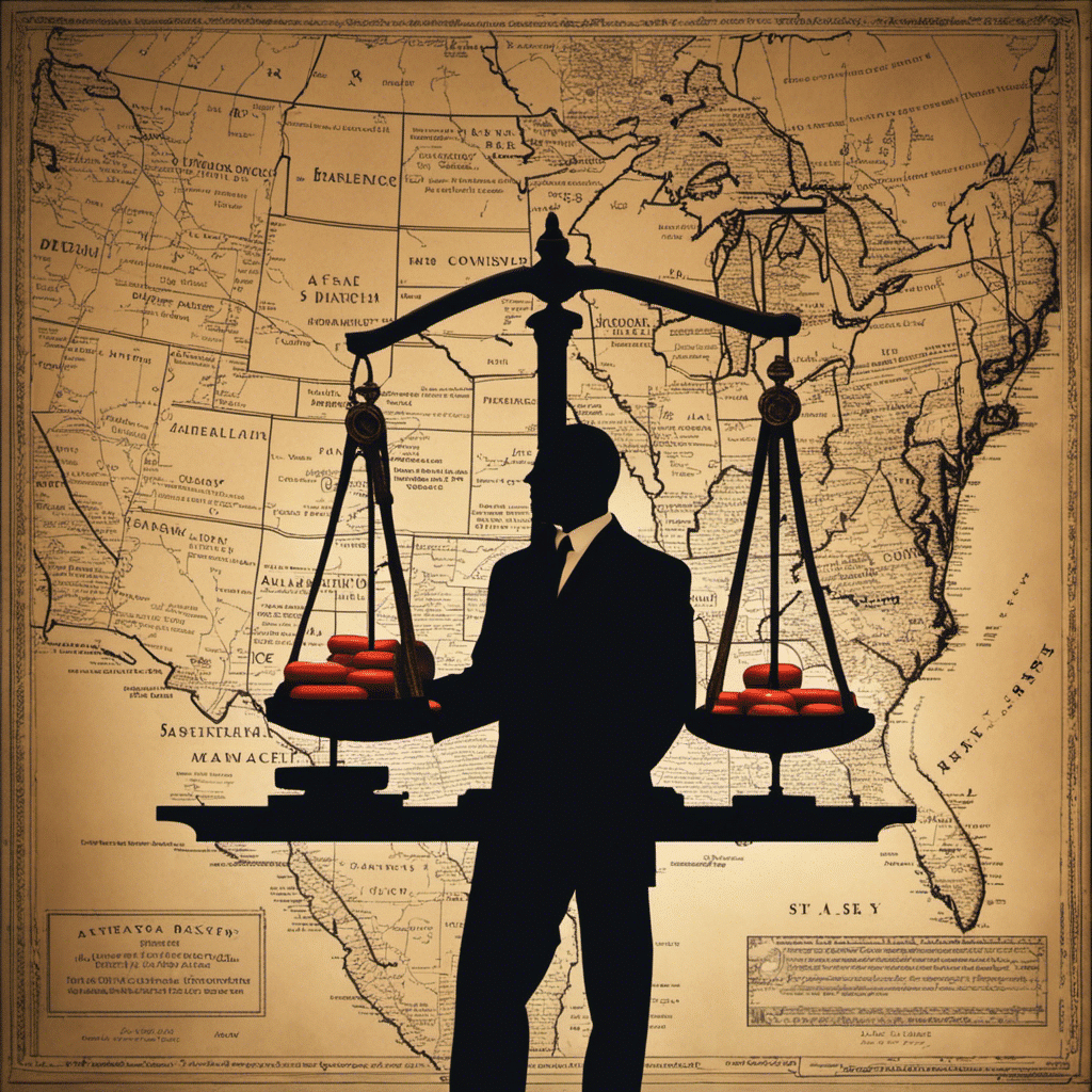 a serious, well-dressed lawyer standing in front of the Arkansas state map, holding a balance scale with pills on one side and a gavel on the other, symbolizing drug law