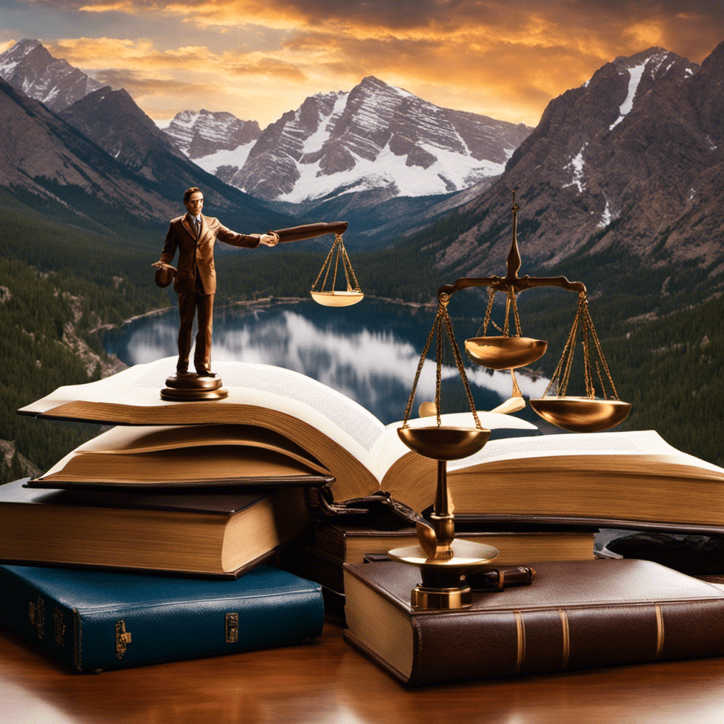 E of a lawyer standing against the backdrop of Colorado's Rocky Mountains, holding a justice scale with pharmaceutical pills on one side, and law books on the other