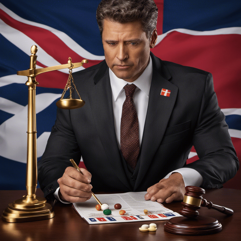 lawyer in a suit, standing in front of a Connecticut state flag, balancing a scale with pharmaceutical pills on one side and a gavel on the other side