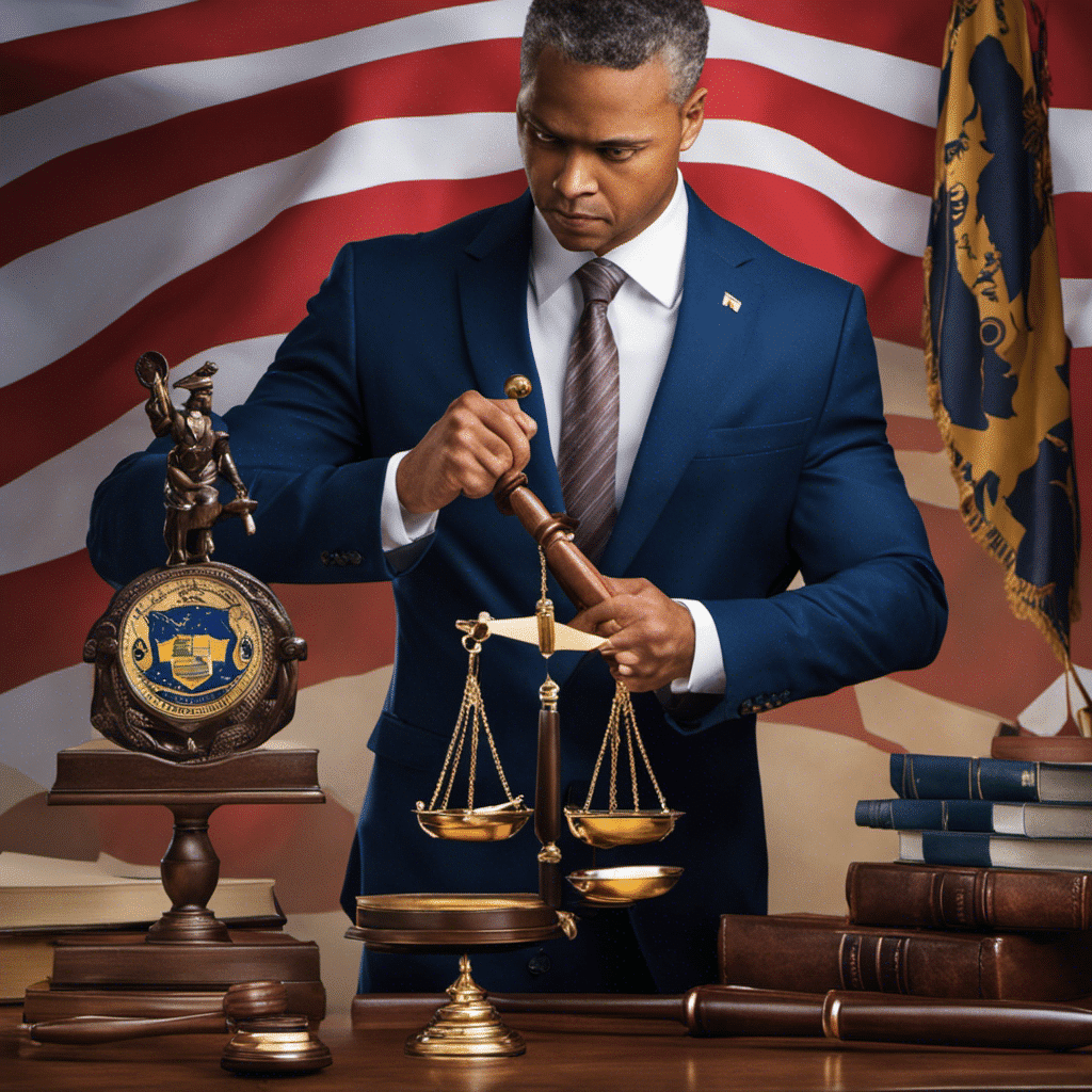 -faced lawyer in a sharp suit, holding a balance scale in one hand, a gavel in the other, with a backdrop of Delaware's state flag and symbols subtly blended