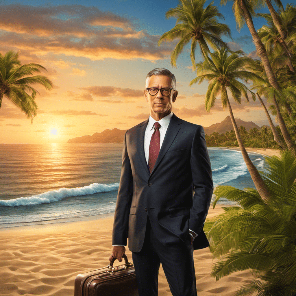 -faced lawyer in a suit holding a briefcase, standing on a Hawaiian beach with a backdrop of palm trees, the ocean, and a setting sun