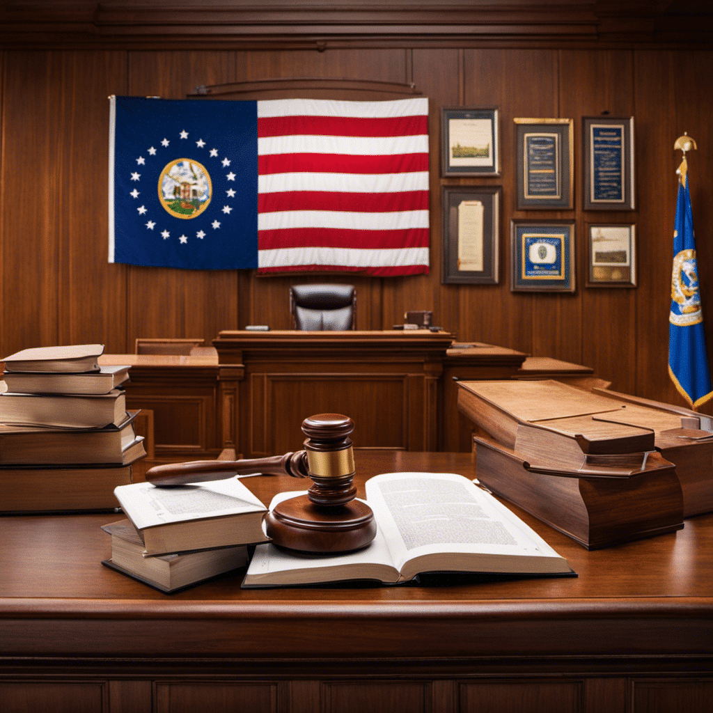 Sing courtroom with the Idaho state flag, a gavel, law books, and scattered prescription pill bottles, symbolizing a drug case