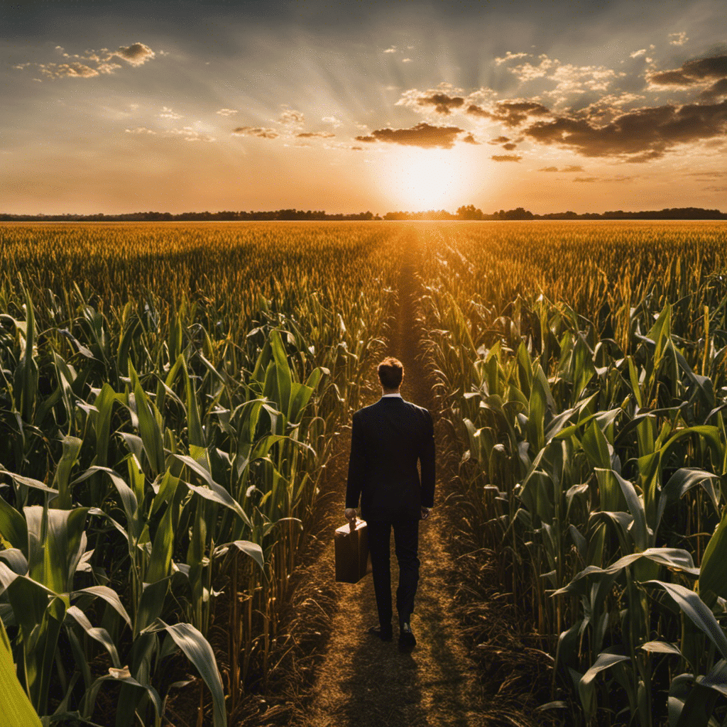Focused lawyer in a suit, standing firmly in an Indiana cornfield at sunset, with a briefcase in hand, subtly emphasizing both authority and locality