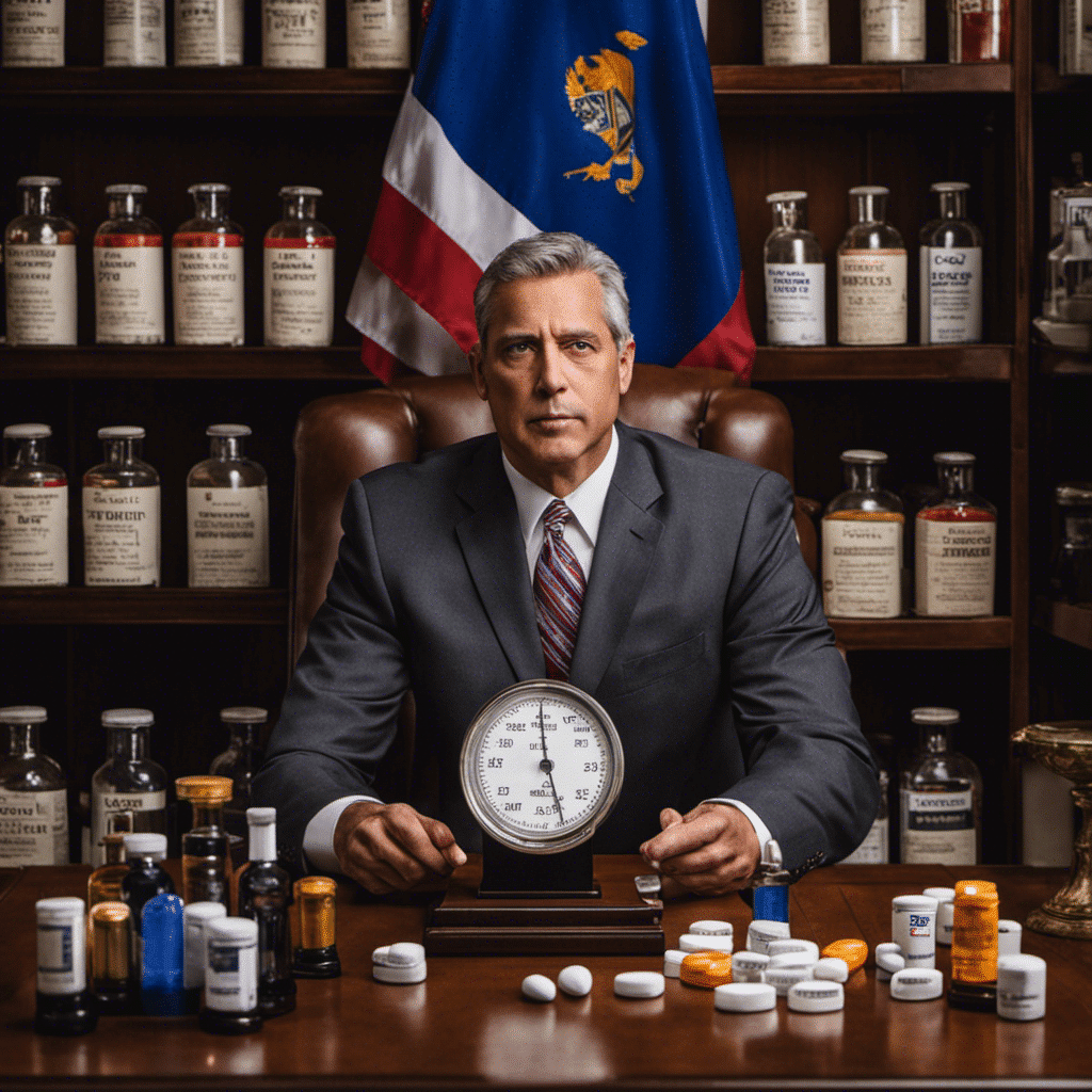 -faced lawyer in a sharp suit, holding a balance scale in one hand, with the Kentucky state flag in the background, standing amidst a scattering of prescription pill bottles