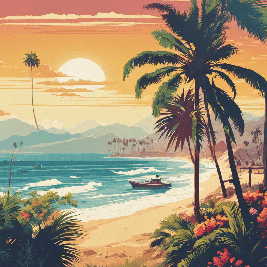 An image depicting a sunny California beach with palm trees, where a person is peacefully smoking marijuana while police officers nearby smile and engage in a friendly conversation, showcasing the relaxed and progressive laws governing cannabis in California