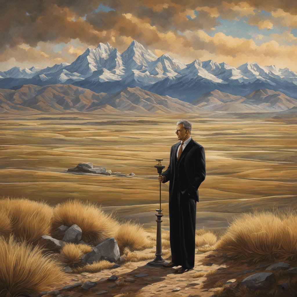 Ge depicting a stern lawyer in a suit, holding a justice scale, standing against a backdrop of Montana's vast plains, towering mountains, and a faded image of pharmaceutical pills