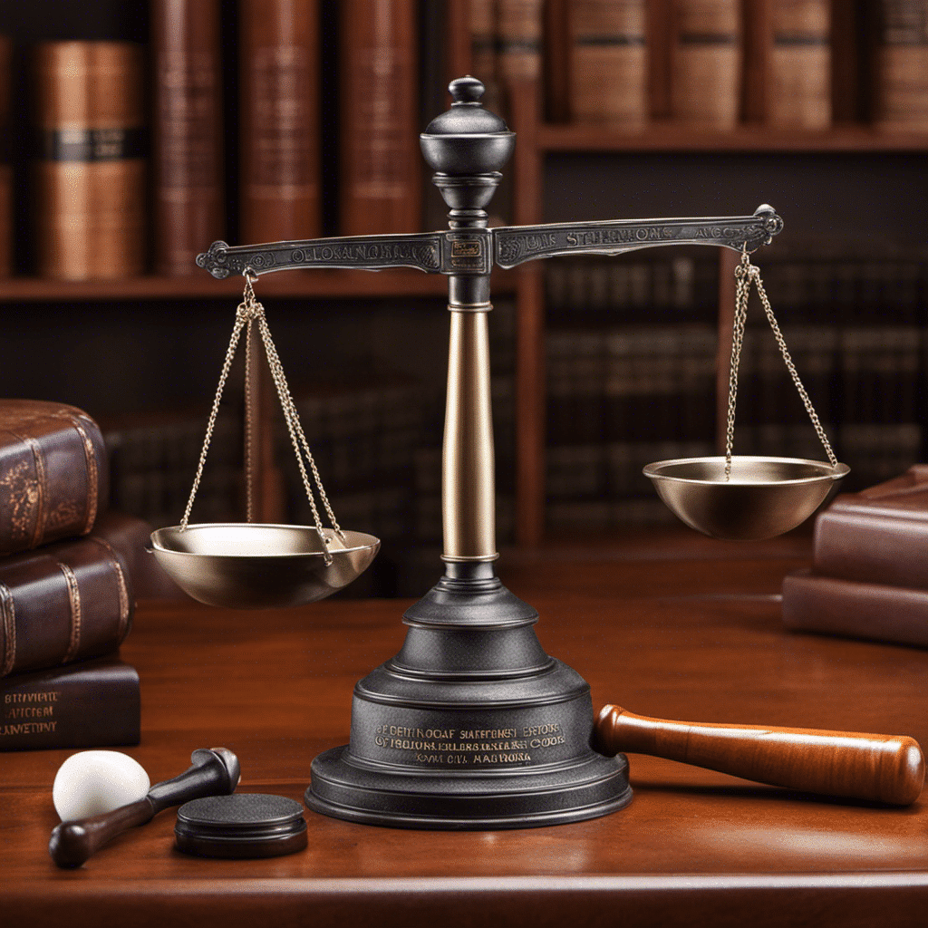 Balance scale with a pharmacist's mortar and pestle on one side, and the Oklahoma state outline on the other, under a gavel's shadow