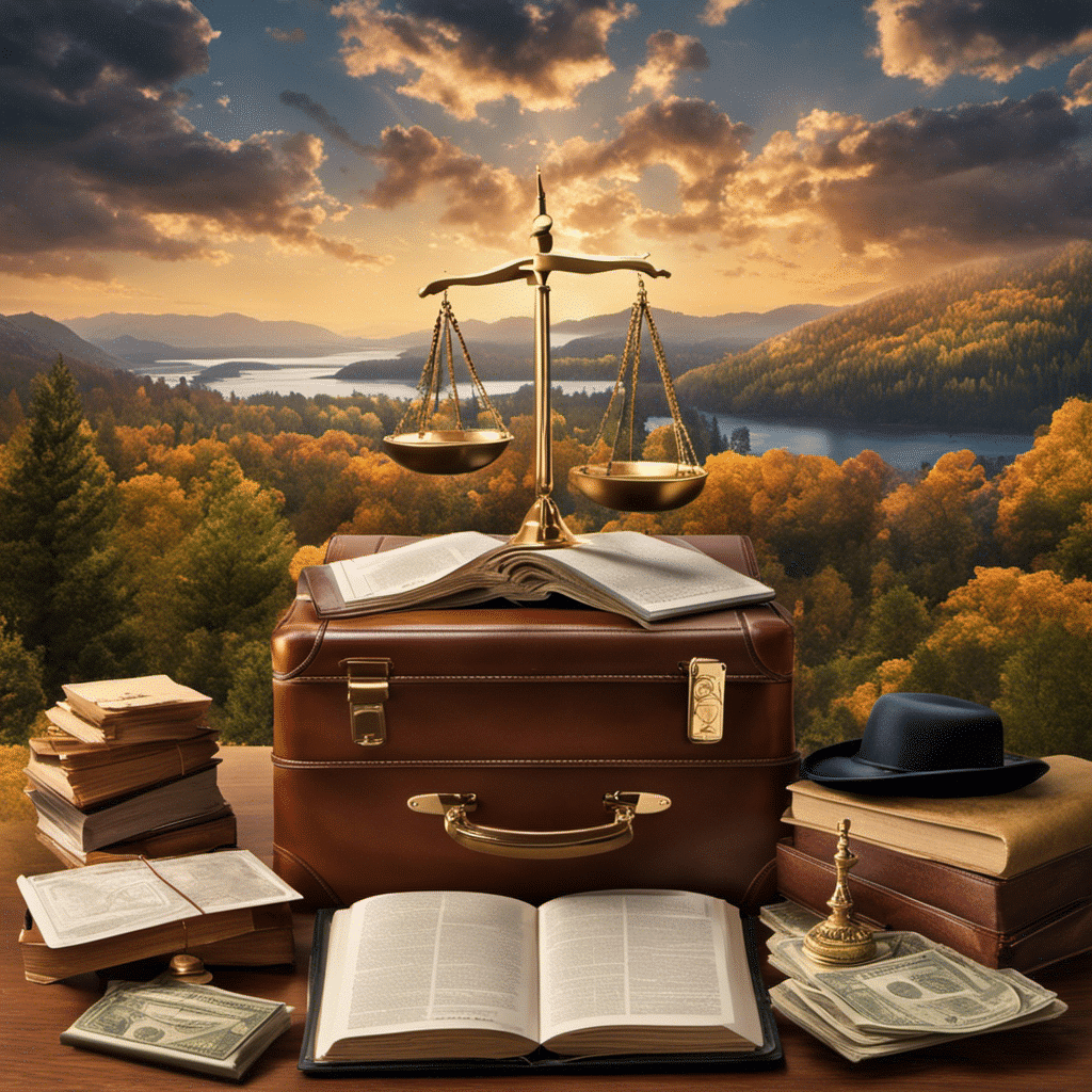 E featuring a stern lawyer, scales of justice, a briefcase overflowing with court documents, amid background elements of Oregon's iconic landscapes, and subtle symbols of various drugs