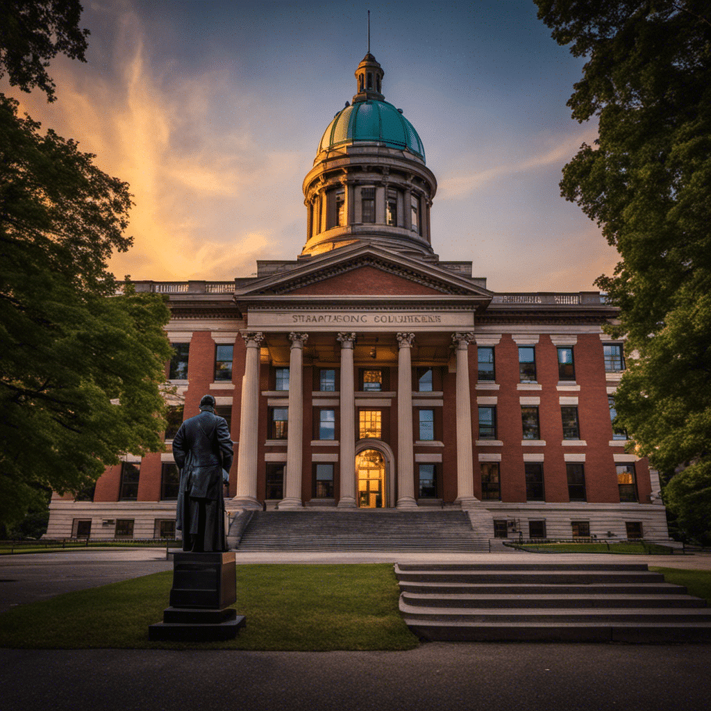 Sing courthouse in West Virginia at sunset, with a shadowy figure holding a briefcase and scales of justice, surrounded by prescription pill bottles