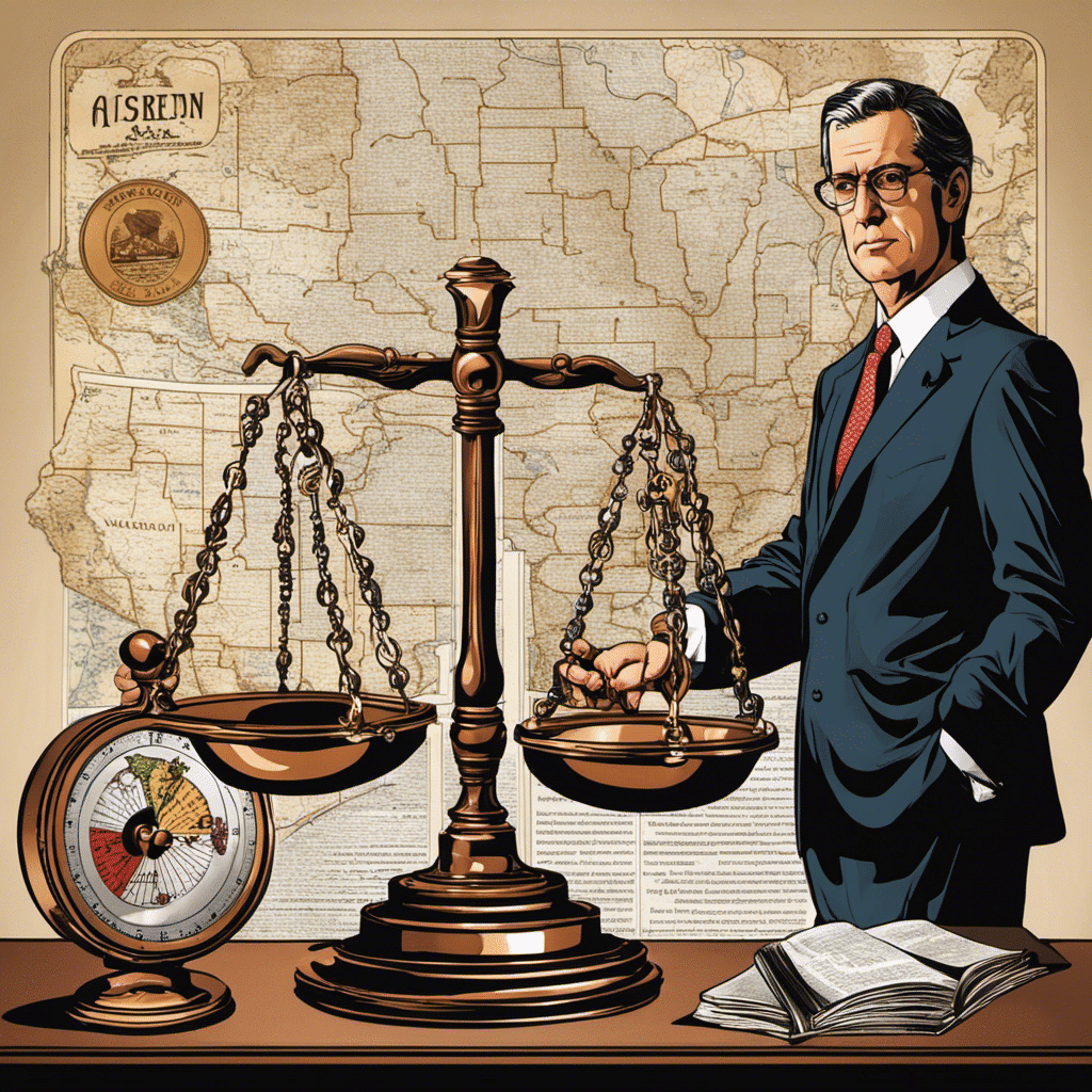 E of a stern lawyer, holding a balance scale, standing against the backdrop of Wisconsin's state map, with various drug symbols subtly scattered around